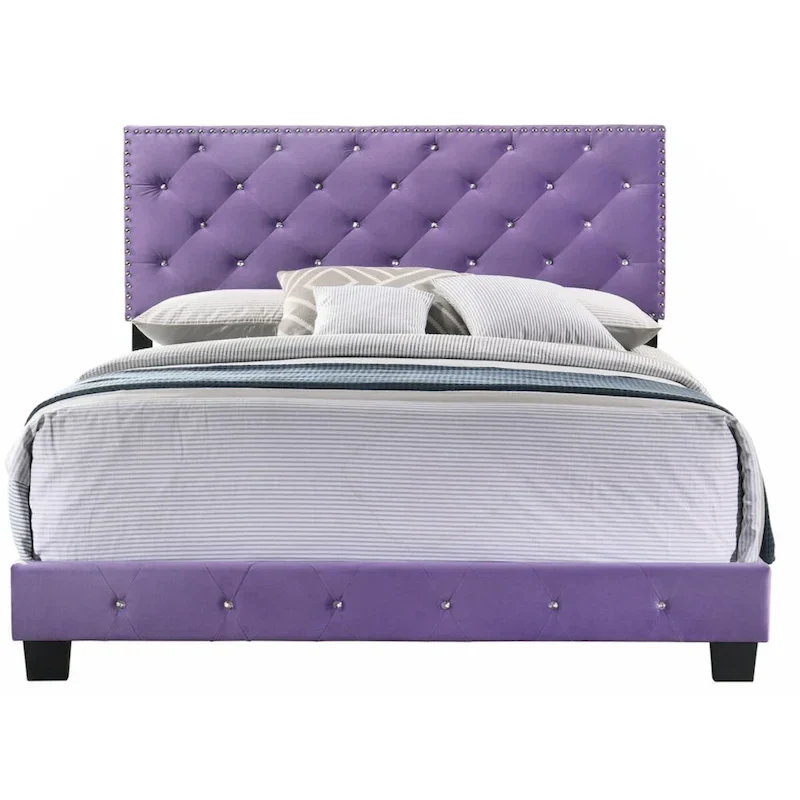 Purple Velvet Platform Bed with Nailhead Trim, Queen Size