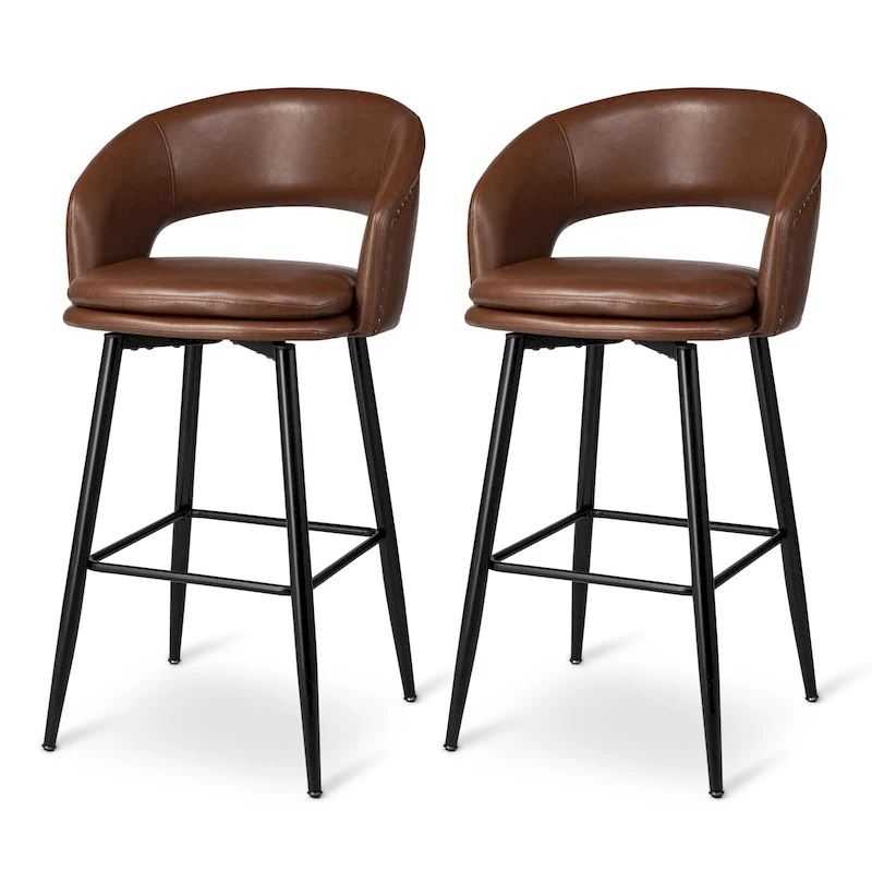 Glitzhome Set of 2 Mid-Century Modern 40.5H Faux Leather Bar Stools with Nailhead Trim