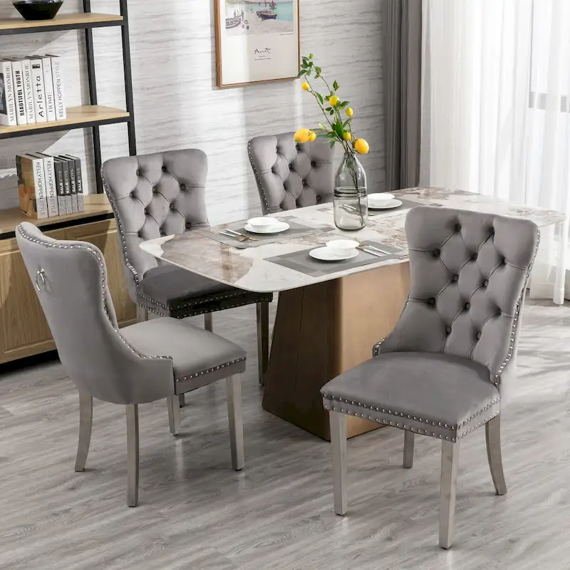 Velvet Dining Chair with Nailhead Trim and Chrome-Plated Stainless Steel Legs