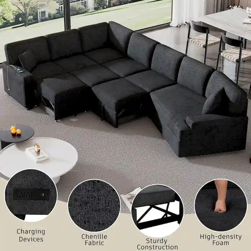 Black 126 L-Shaped 6-Seater Sofa with Pull-Out Bed and Cup Holders