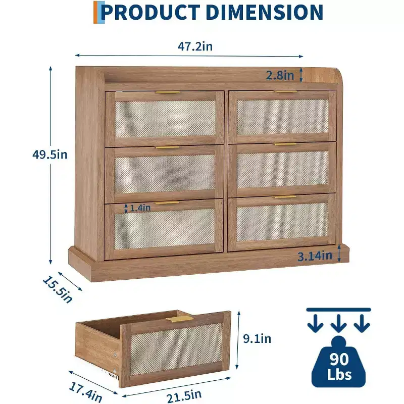 Garvee Farmhouse 6 Drawer Dresser, Rattan Chest of Drawers with Storage,Large Dresser Chest of Drawers with Gold Handle,Natural Oak