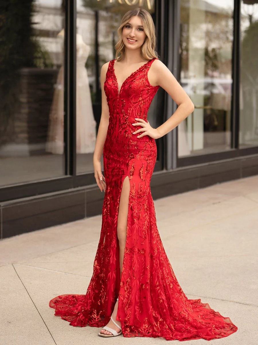 Mermaid V Neck Sequined Lace Prom Dress with Slit