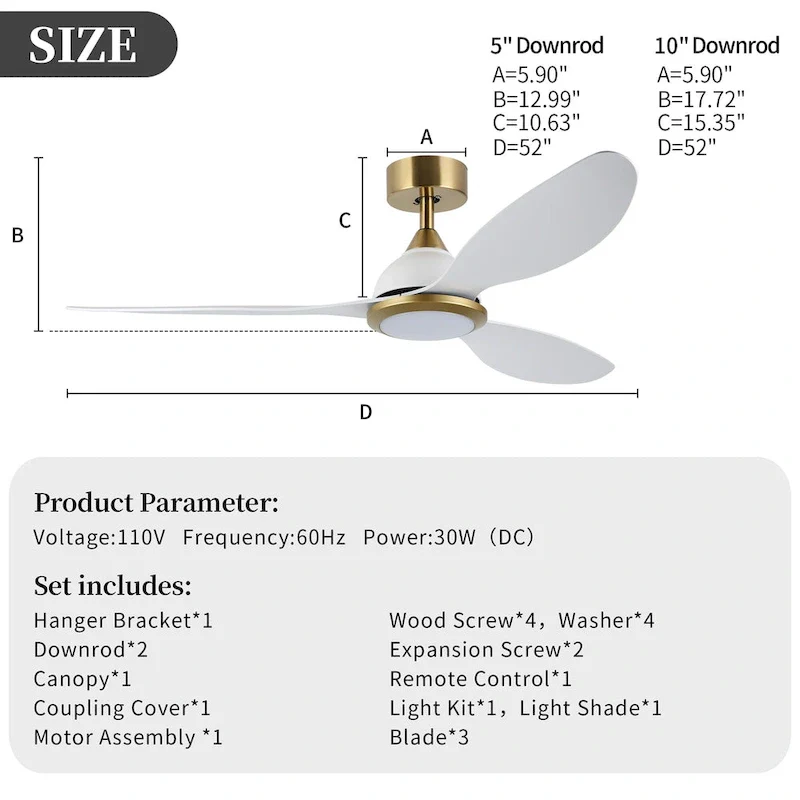 OVIOS Elegant 52-inch 2-in-1 Ceiling Fan Light with Remote Control