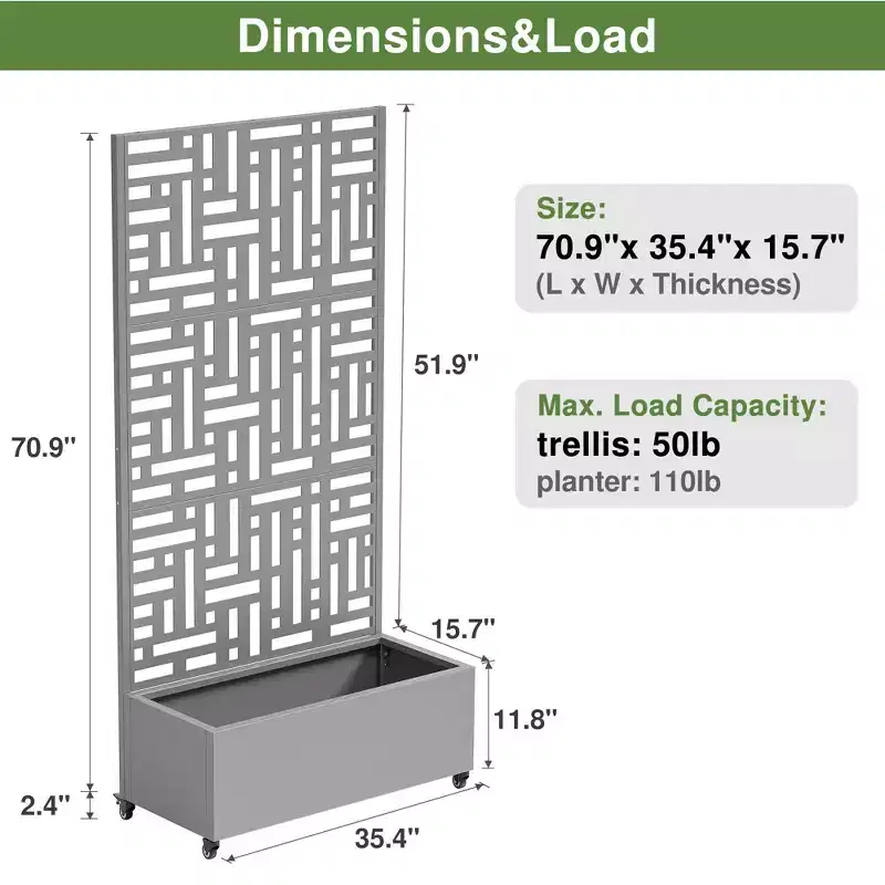 70.2in.L x 35.1in.W x 15.6in.H Gray Metal Rectangle Planting Box with Climbing Frame (1-Pack)