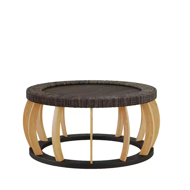 GDFStudio Olumide Bohemian Wooden Round Coffee Table with Curved Legs and Rattan Design