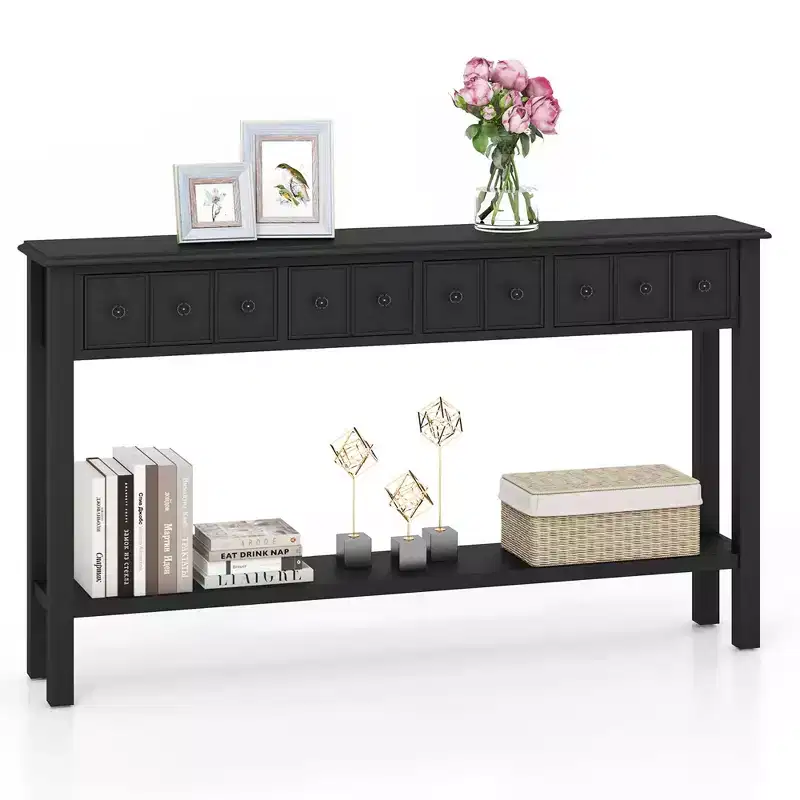 Costway 60 Console Table Retro Entryway Sofa Table with 4 Drawers & Open Shelf Hallway White/Black