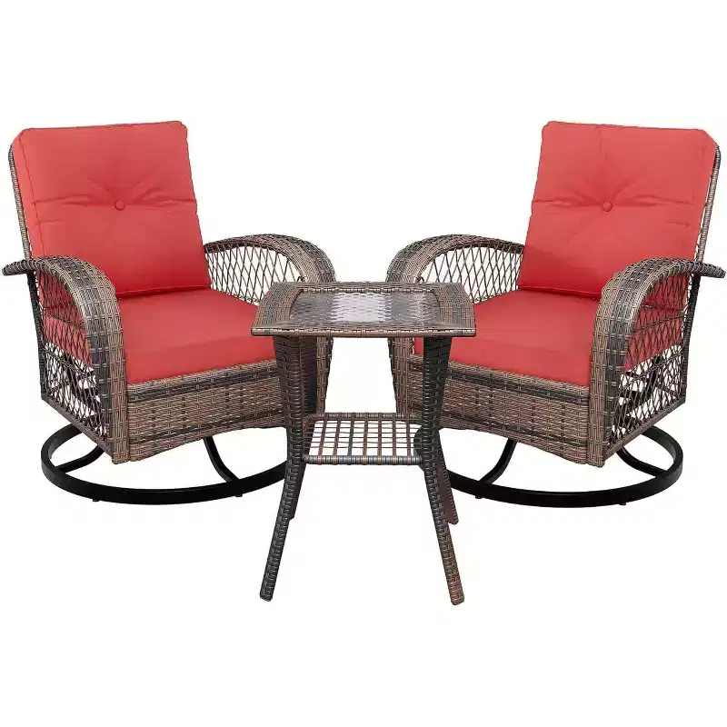 3-Piece Swivel Rocking Patio Chairs Set with 2 360-Degree Swivel Rocking Chairs and Tempered Glass Table, Bistro Set With Thickened Cushions