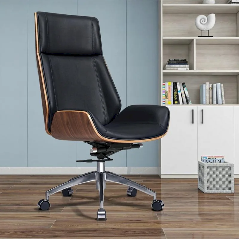 Genuine Leather High Back Executive Office Chair in Solid Walnut Wood