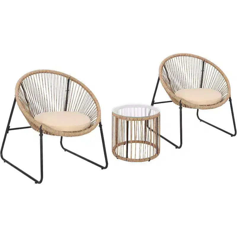 Acekool 3-Piece Acapulco Outdoor Seating Set with Glass Top Side Table and Cushioned Chairs, PE Rattan Patio Bistro Set for Garden & Balcony, Brown