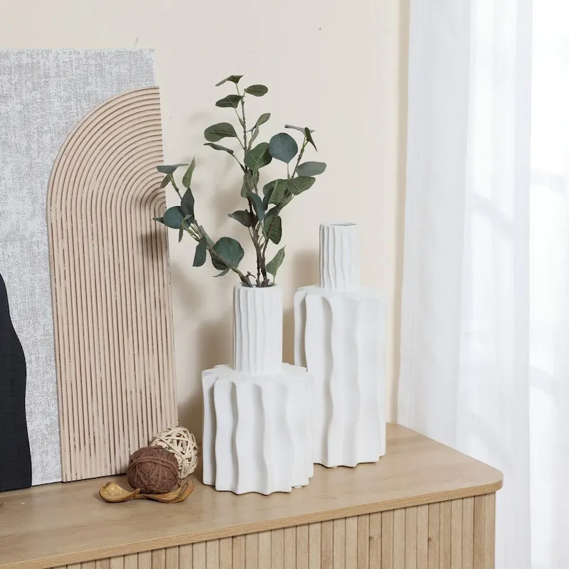 2-Piece White Fluted Stoneware Table Vase Set