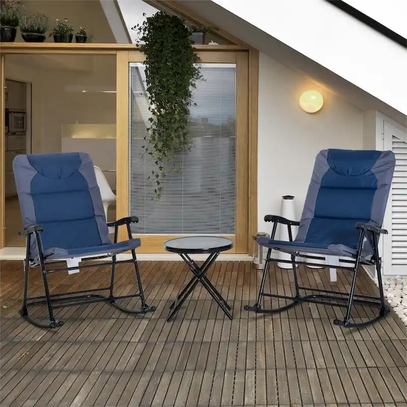 3 Piece Patio Folding Rocking Chairs Set with Glass Coffee Table