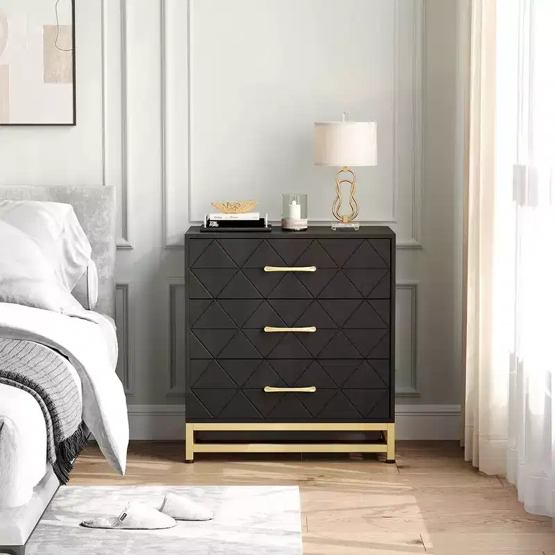 3 Drawer Dresser, Wood Chest Drawers with Storage for Closet, Bedroom, Drawers Dresser Modern Bedside Nightstand with Gold Handles