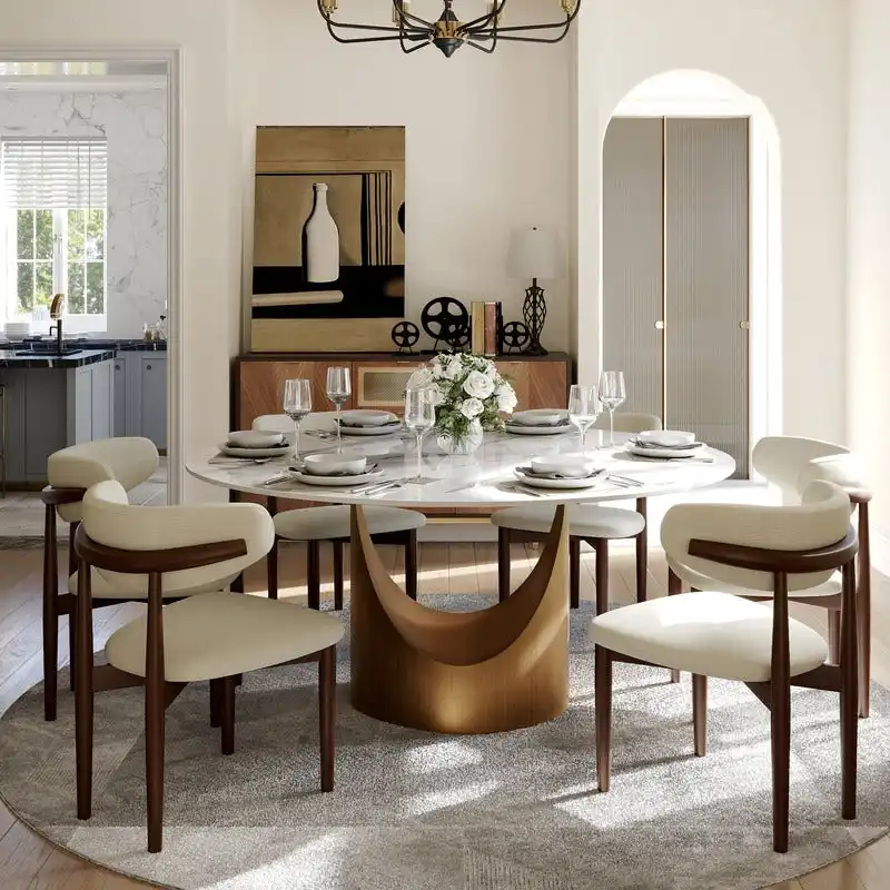 Modern Round Dining Table – White Sintered Stone Top & Bronze Carbon Pedestal