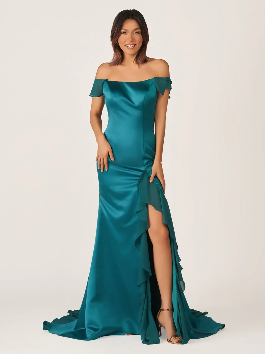 Emerald Green Square Neck Ruffle Slit Prom Dress