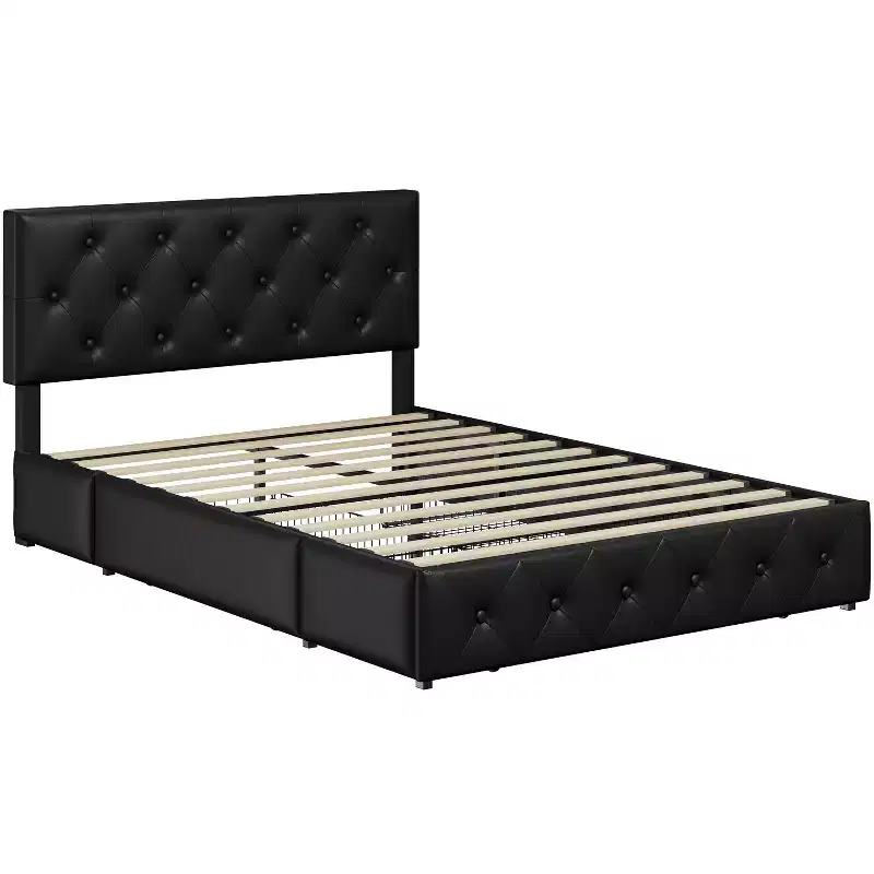 Yaheetech Upholstered Bedframe with Diamond Button Tufted Adjustable Headboard and 3 Storage Drawers