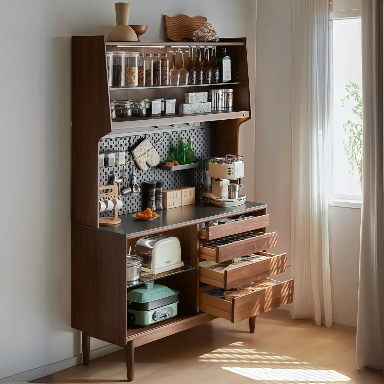Trendy Wood Brown Slatted Doors Sideboard Pegboard Back