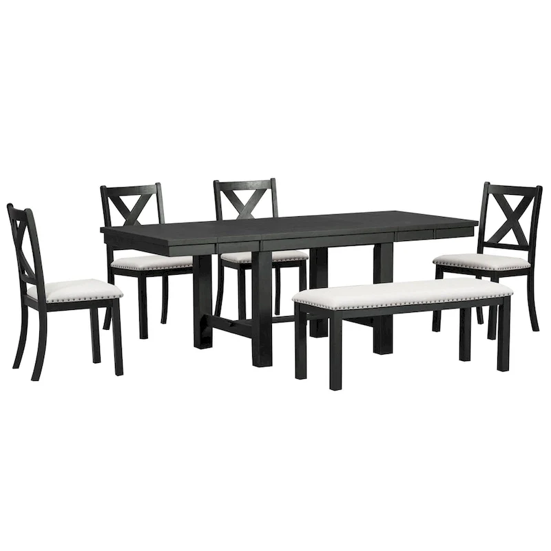Farmhouse 6-Piece Wooden Dining Table Set with Extendable Table & 4 Chairs
