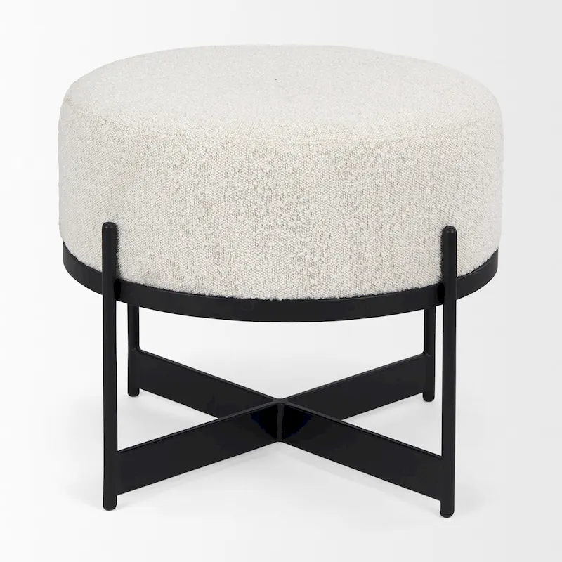 Amelia Cream Boucle Fabric with Black Metal Frame Round Ottoman
