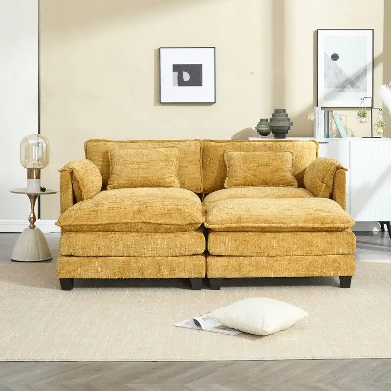 76.77 Chenille Upholstered Sofa with 2 Ottomans