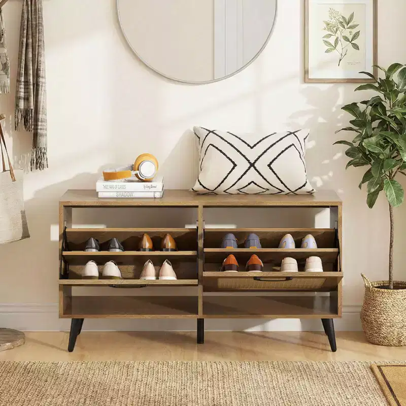Costway Rattan Shoe Storage Cabinet with 2 Flip Drawers Adjustable Shelves Solid Metal Legs Natural