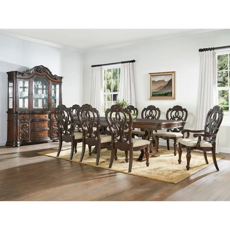 Traditional Hardwood Dining with Double Pedestal Table & Carved Chairs – Pecan, Seats up to 10