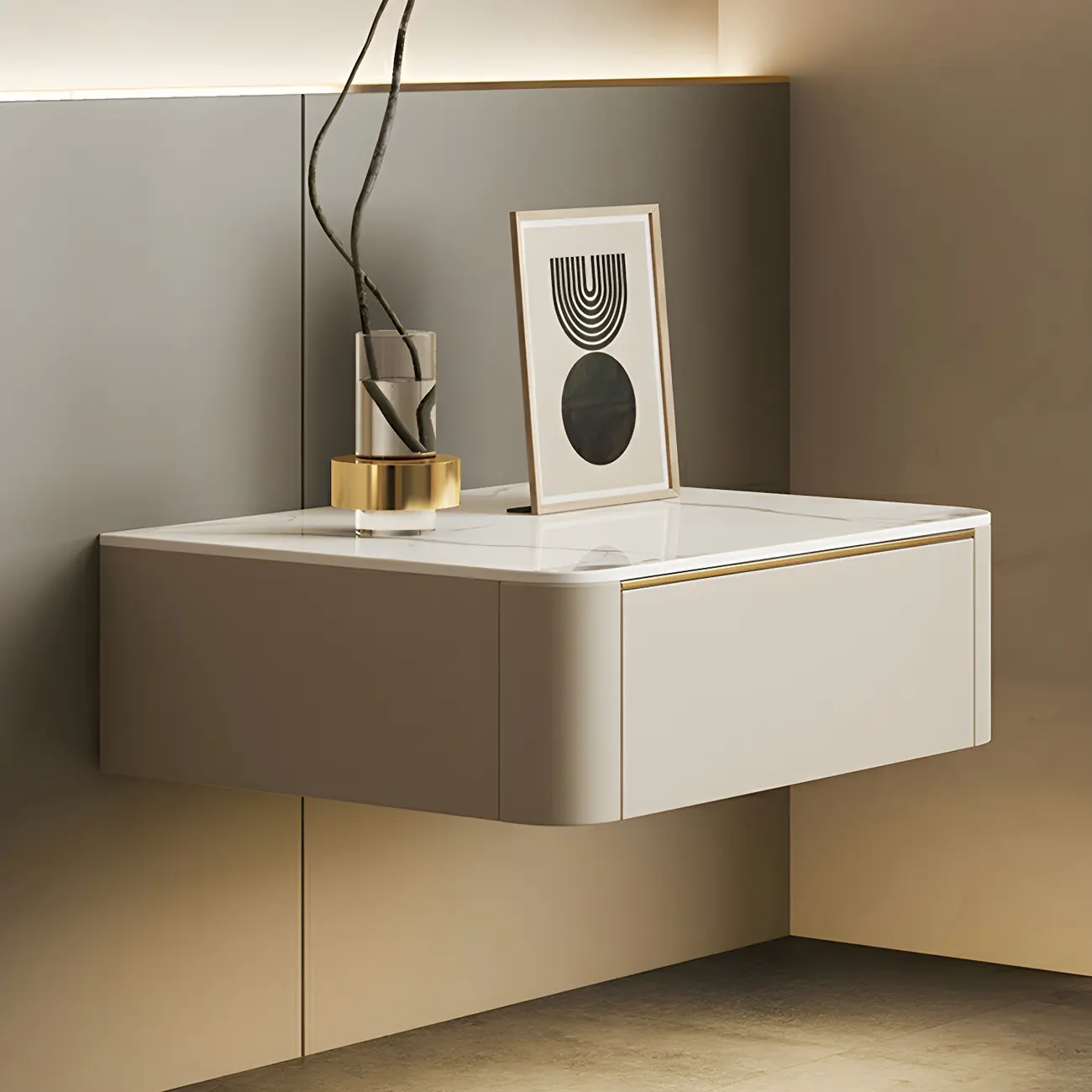 Low Beige Leather Stone Top Floating Nightstand with Drawer