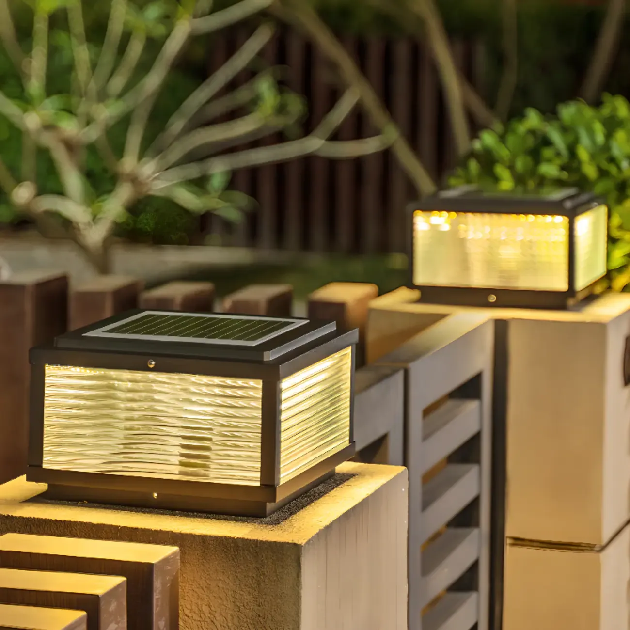 Black Metal Striped Solar Square Outdoor Post Lights