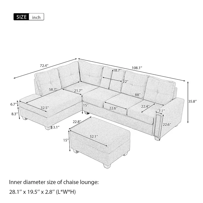 Grey Reversible L-Shaped Sectional Sofa with Ottoman, Seats 4–5