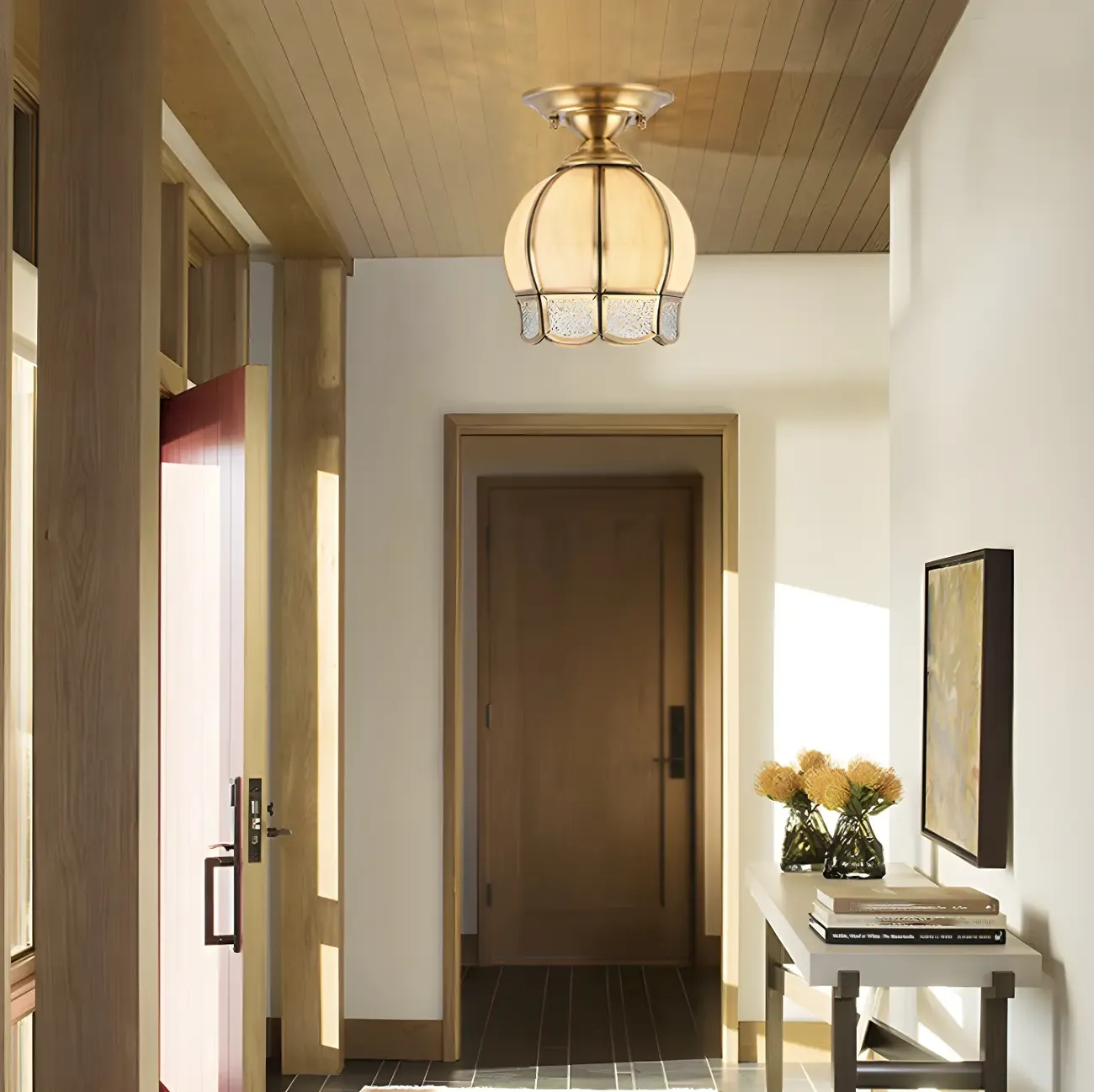 Colonial Dome Gold Glass Semi-Flush Mount Light