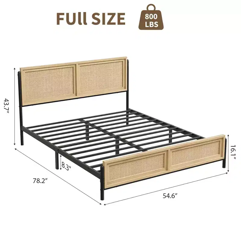 Boho Style Full/Queen/King Size Bed Frame with Rattan Headboard and Footboard, 14 Metal Platform, Wood Grain, Quiet, No Box Spring Required