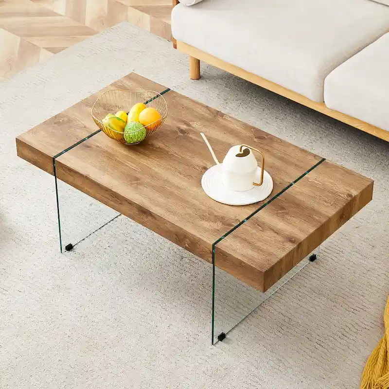 Rectangular Coffee Table, White/Wood/Black, Tempered Glass Legs, MDF Top, 1-Person