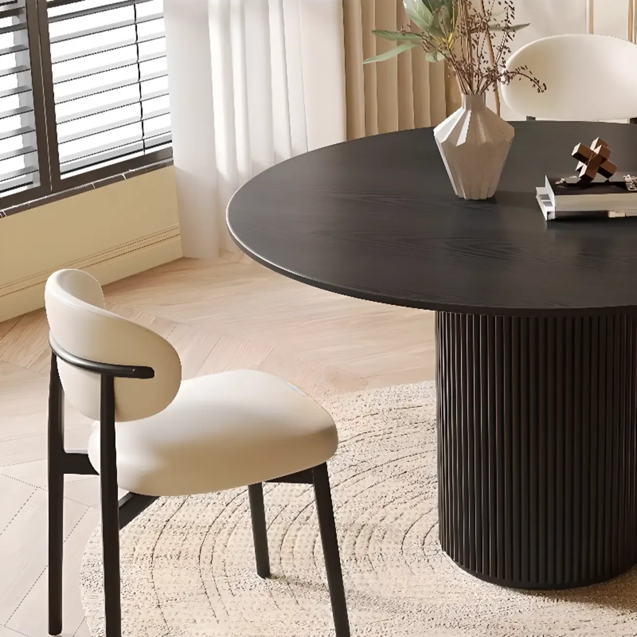Modern Black Round Wood Cylindrical Base Dining Table