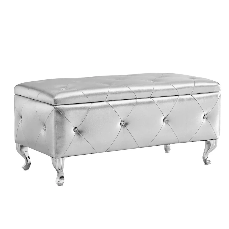 Silver/Black/Gray Faux Leather Storage Bench with Crystal Buttons & Metal Legs