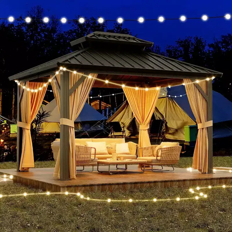 Heavy Duty Hardtop Gazebo, Galvanized Steel Double Roof Pavilion with Nettings & Curtains for Patio, Backyard, Party, Wedding & Outdoor Dining