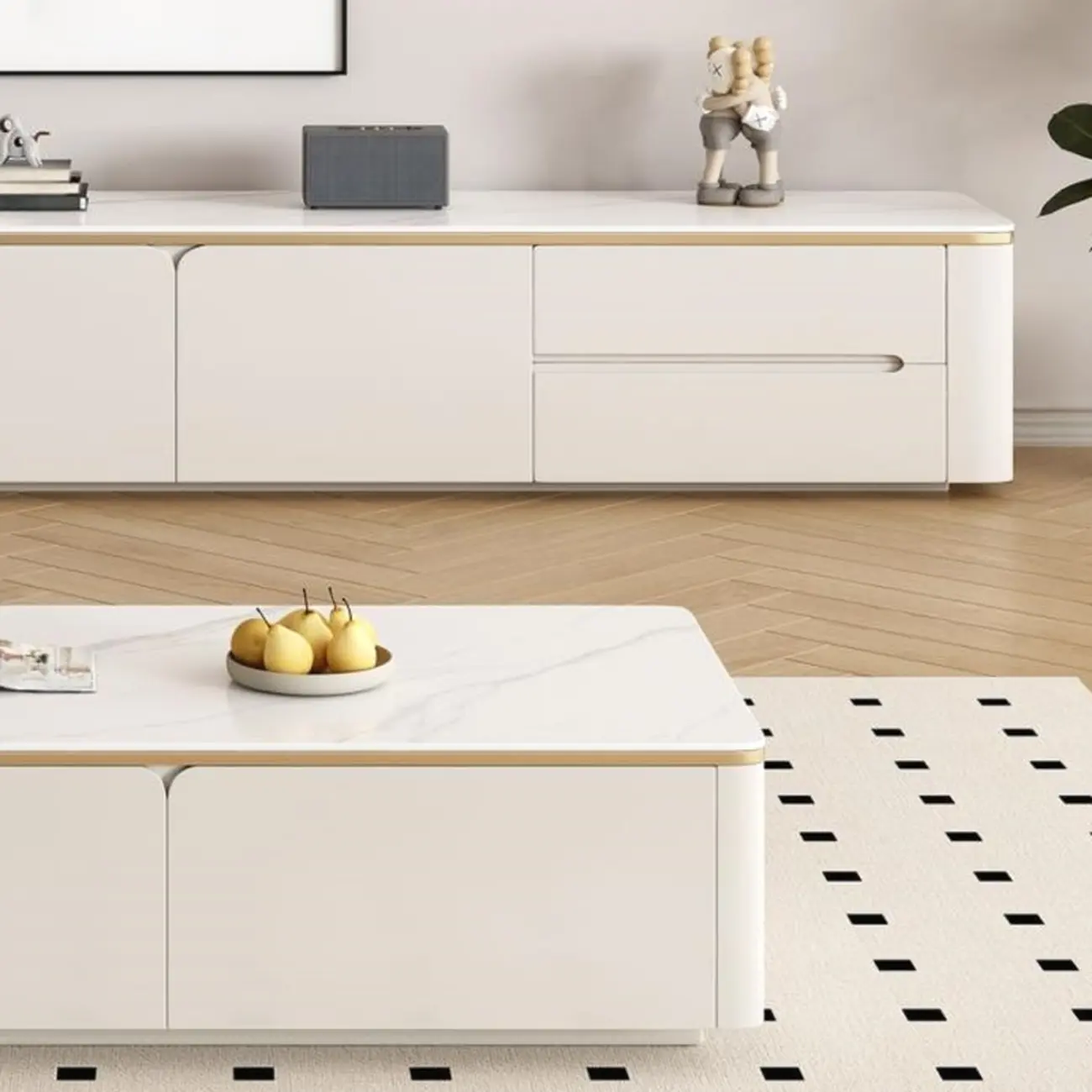 Modern White Stone Long TV Stand with Drawers
