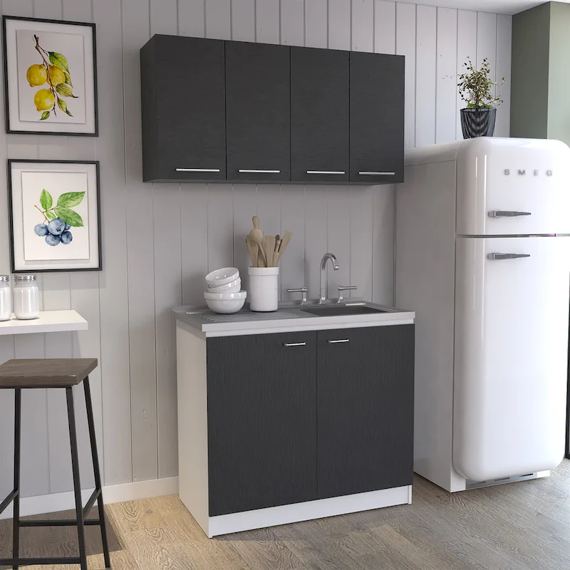 Aztec 2-Piece Kitchen Set with Wall Cabinet and Utility Sink Cabinet, Black/White