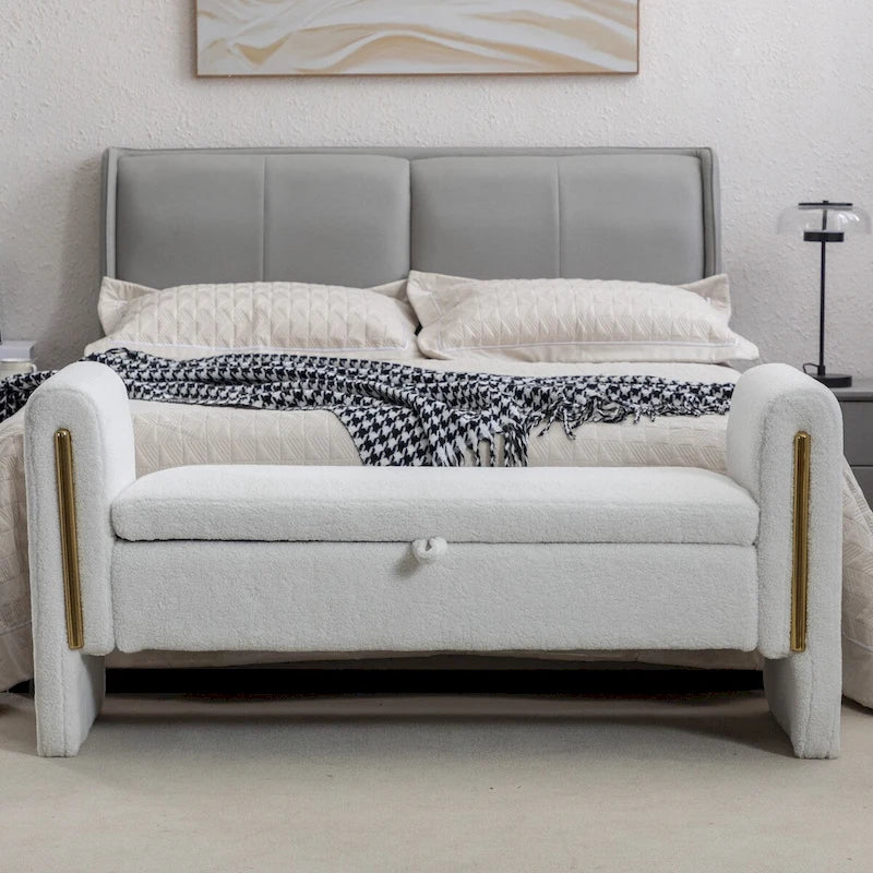 Ivory / Coffee Teddy Fabric Storage Bench with Gold Metal Trim, 1-Seat
