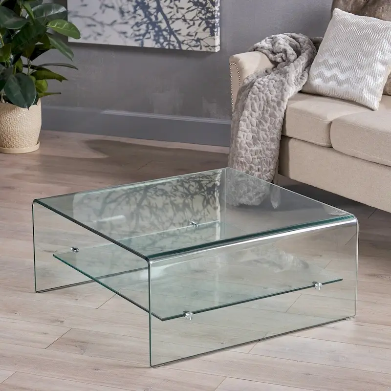 Clear Square Tempered Glass Coffee Table with Storage Shelf