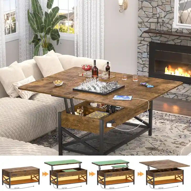 4-Color Modern Lift-Top Coffee Table with RGB LED, USB & Power Outlets for 2+