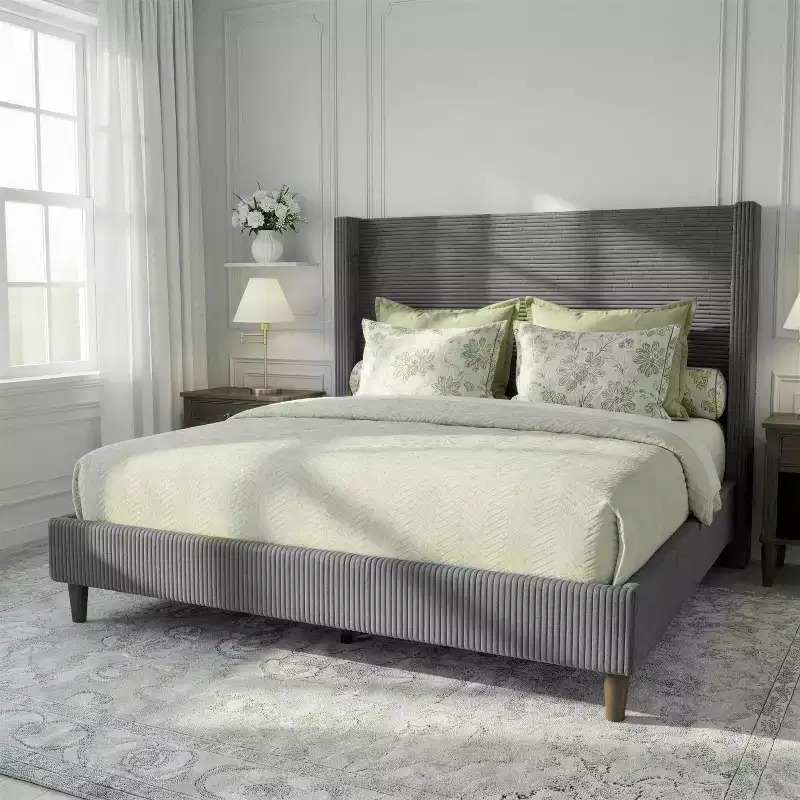 Dyonery Queen Bed Frame, Upholstered Platform Bed, Adjustable Vertical Channel Tufted Headboard, Corduroy Fabric
