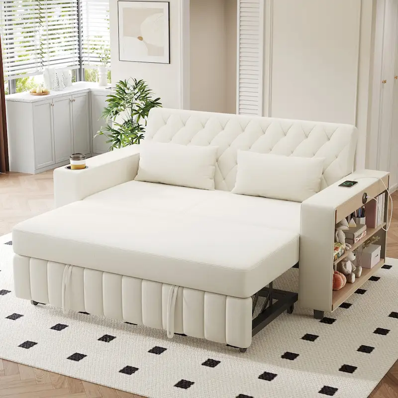 Blue / Beige / Grey Chenille Convertible Sofa Bed with Tufted Back, USB Ports and Side Storage – 2 Person