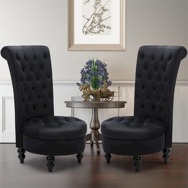 High-Back Velvet Accent Chair with Rubberwood Legs, Set of 2 – Beige/Black/Red/White