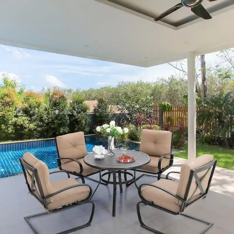 MAISON ARTS 5 Pieces Patio Dining Set, 4 Spring Dining Chairs and 1 Round Table with 1.57 Umbrella Hole, Beige