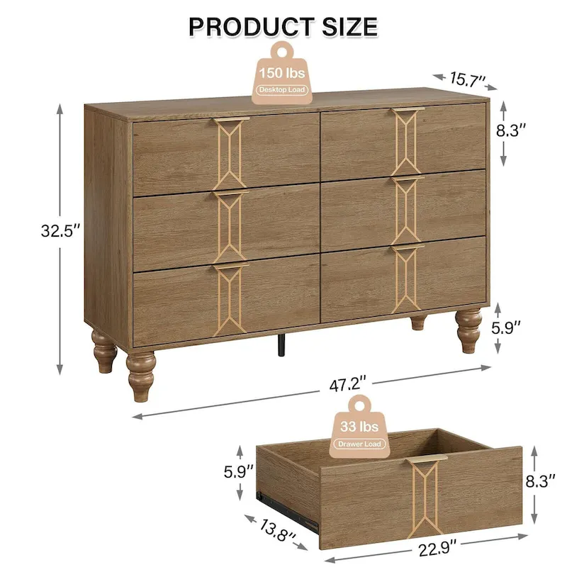 6 Drawer Dresser with Deep Drawers, Modern Wooden Chest Dresser