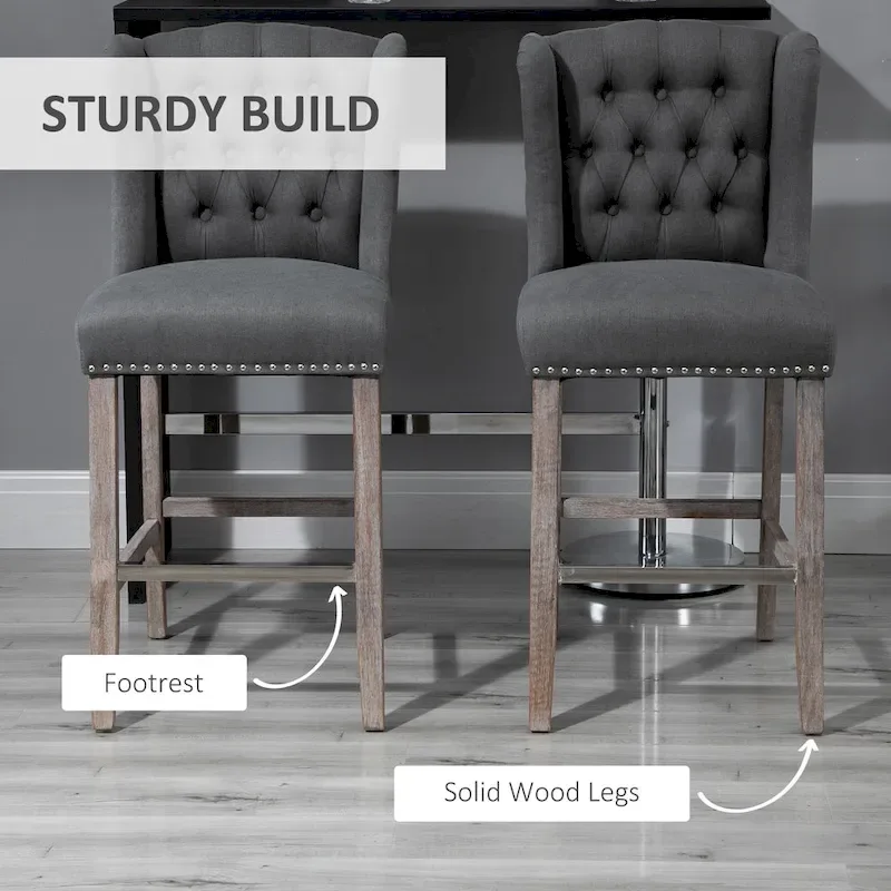 HOMCOM 2 Piece Counter Height Barstools Kitchen Breakfast Stools with Nailhead-Trim and Tufted Back, Solid Wood Legs