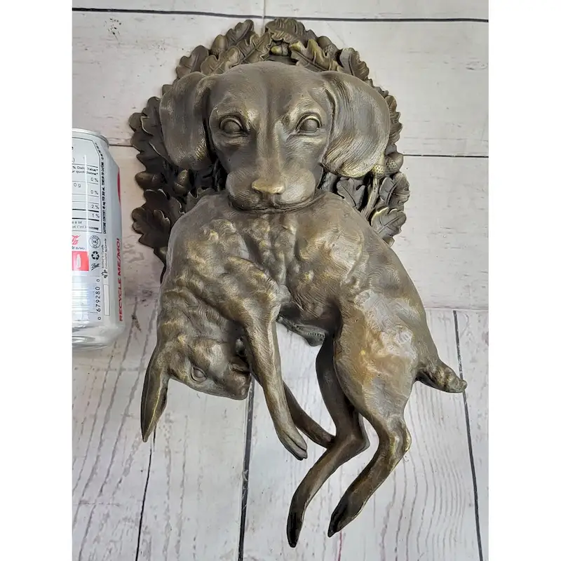 Hanging Wall Mounted Bronze Sculpture Of Retriever Dog With Imitative Rabbit In Mouth 12 Inches X 17 Inches
