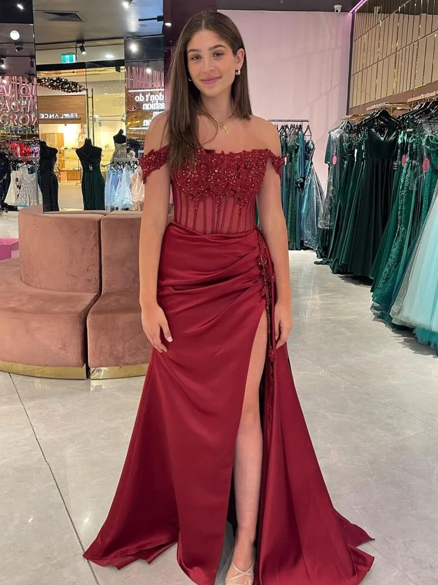 Off the Shoulder Satin Beaded Prom Dress With Appliques