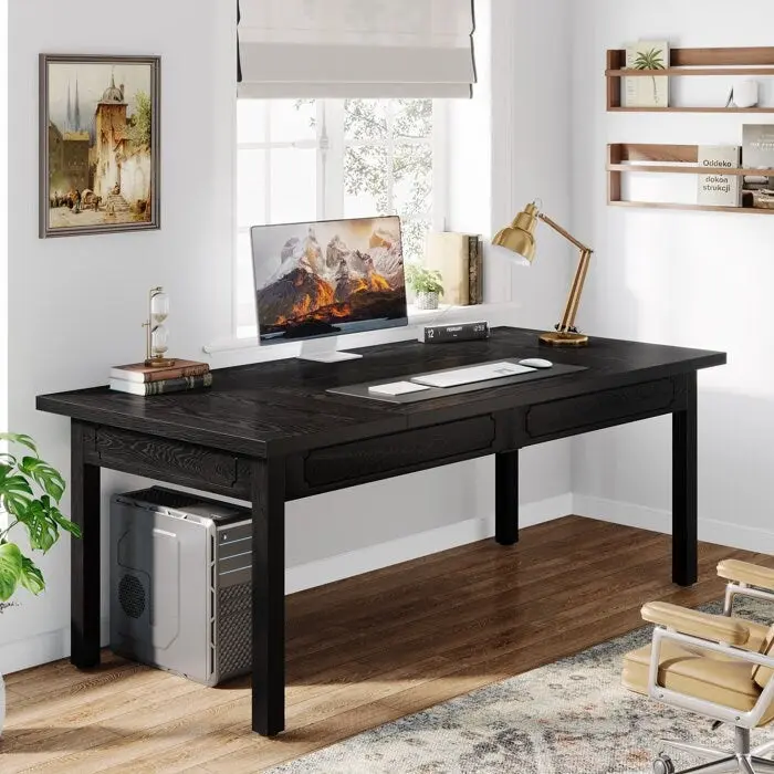 Brown & Black Industrial Computer Desk, 2-Person, 63