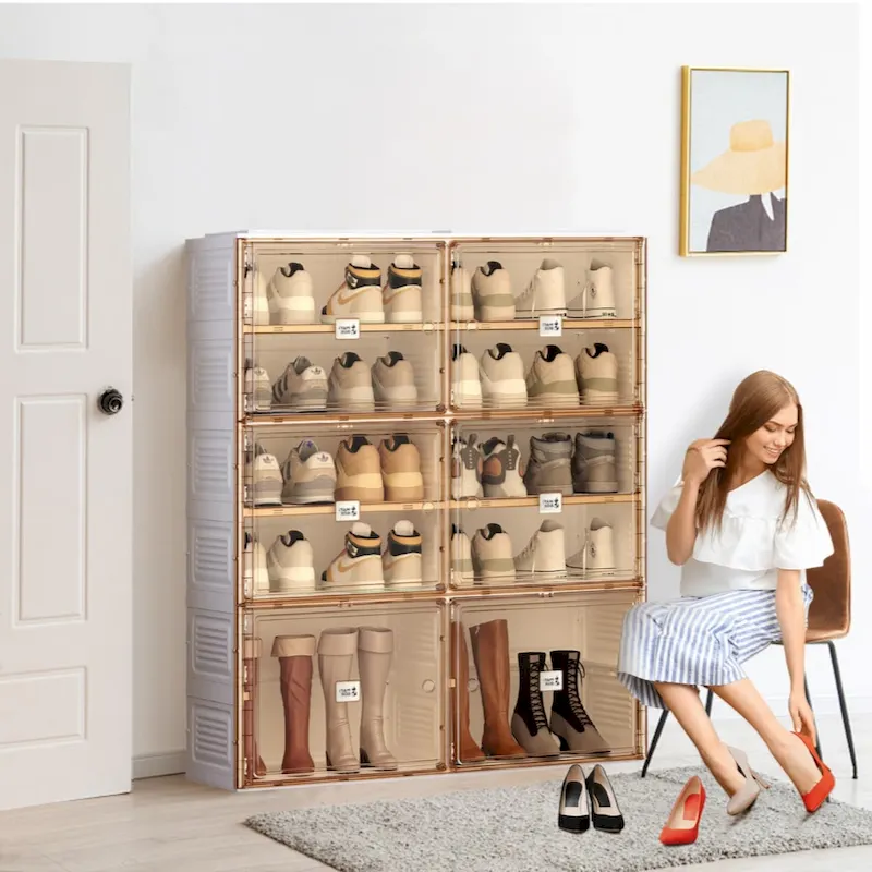 Brown Stackable Shoe Storage Cabinet with Doors & Shelves – Single Unit