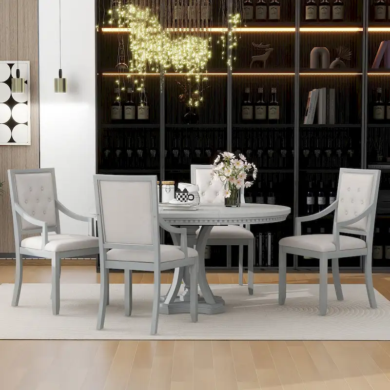 Retro 5-piece Dining Set with Extendable Round Table and 4 Chairs